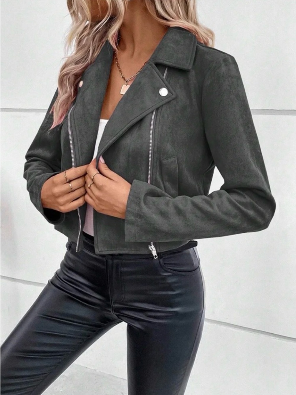 Cropped Faux Leather Moto Jacket - Dark Gray